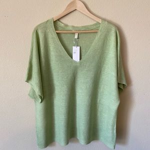 Eileen Fisher Organic Linen Knit Deep V-Neck Top Size L in Aloe